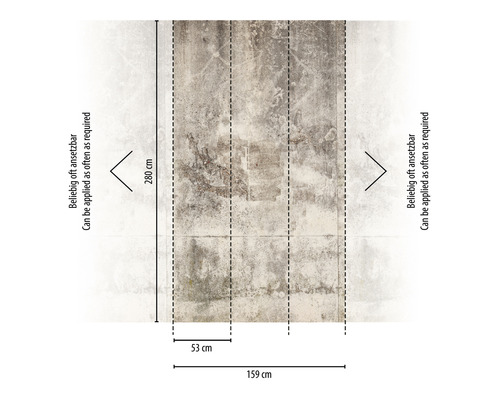 Graphique indiquant les dimensions d''un papier peint : 280 cm de haut, 159 cm de large, largeur de lé 53 cm, peut être appliqué plusieurs fois.