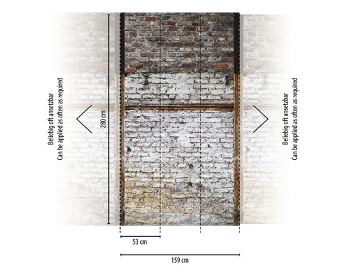 Dimensions d''un mur en briques : 280 cm de haut, 159 cm de large, 53 cm de largeur de segment