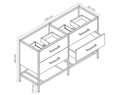 Zeichnung eines Waschtischunterschranks mit Schubladen und Maßen 1390 mm Breite, 455 mm Tiefe und 820 mm Höhe