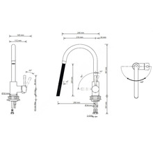 Schéma technique d''un robinet de cuisine avec dimensions.
