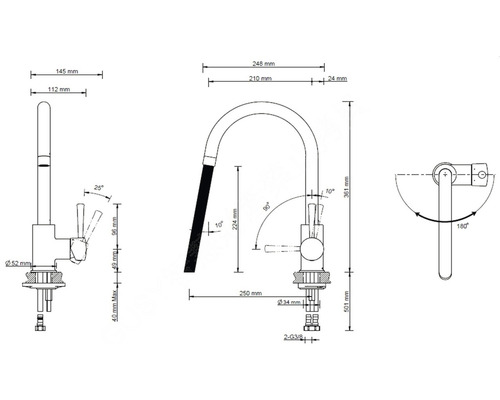 Schéma technique d''un robinet de cuisine avec dimensions.