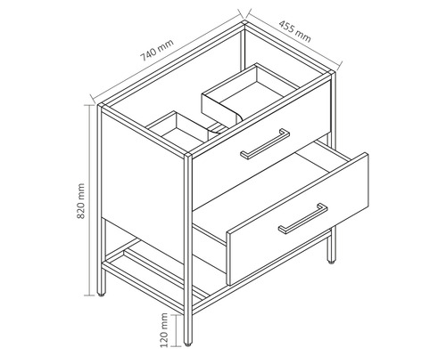 Dessin d''un meuble sous-vasque avec les dimensions suivantes : 740 mm de largeur, 455 mm de profondeur et 820 mm de hauteur.