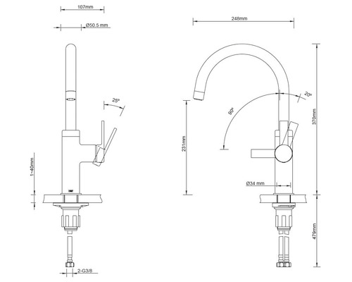 Dessin technique d''un robinet de cuisine avec dimensions