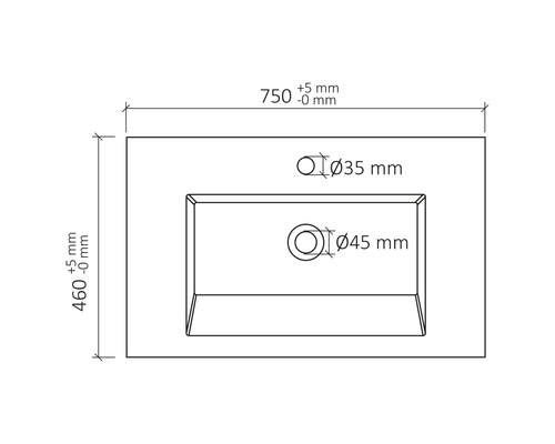 Zeichnung eines Waschtischs mit Maßangaben 750 mm und 460 mm, sowie Bohrungen mit Durchmessern von 35 mm und 45 mm