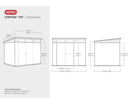 Dimensions de l''abri de jardin Keter Cortina 9x7