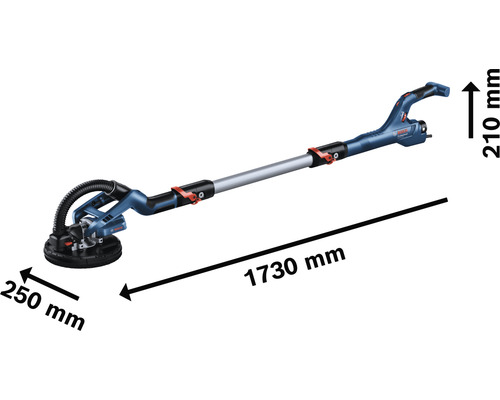 Ponceuse à plafond Bosch avec des dimensions de 1730 mm de long, 250 mm de diamètre de plateau de ponçage et 210 mm de haut.