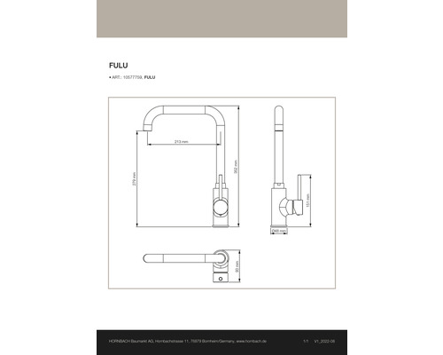 Zeichnung einer Küchenarmatur Fulu mit Maßangaben