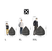 Présentation des tailles L, XL et XXL des poufs avec leurs dimensions respectives.