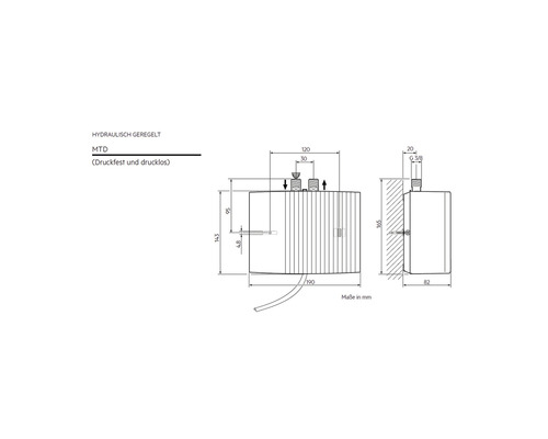 Hydraulisch geregelter Warmwasserspeicher technische Zeichnung mit Maßangaben