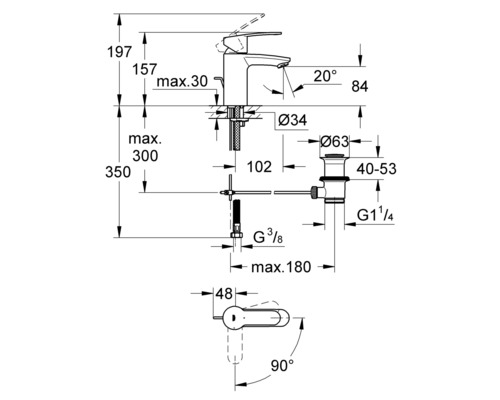 Technische Zeichnung einer Armatur mit Maßangaben
