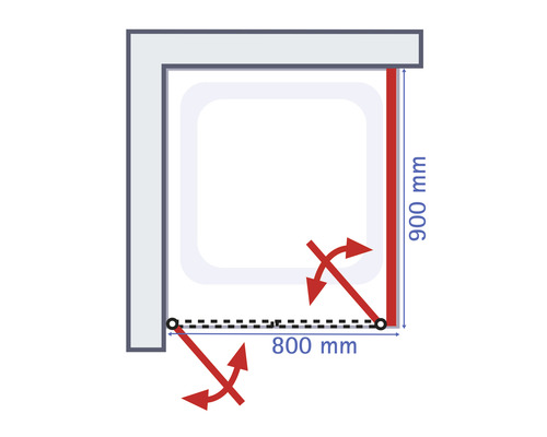 Technische Zeichnung einer Duschkabine mit den Maßen 900 mm und 800 mm.