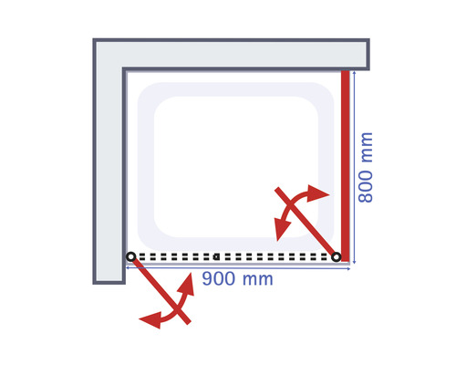 Technische Zeichnung einer Dusche mit den Maßen 900 mm mal 800 mm.