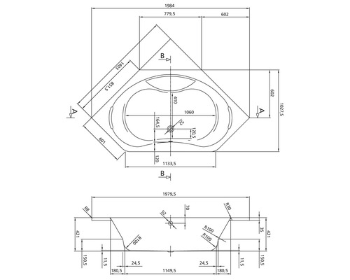 Schéma technique d''une baignoire d''angle avec dimensions