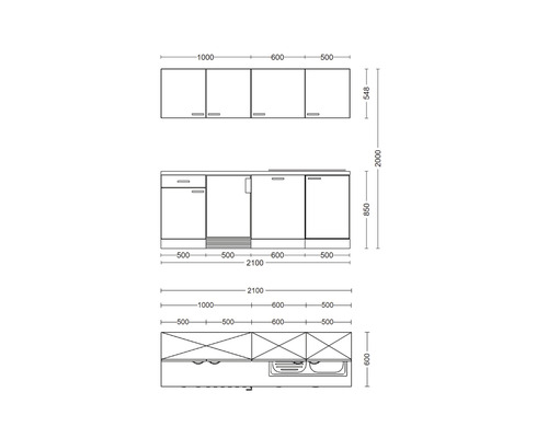 Skizze einer Küchenzeile mit Maßen