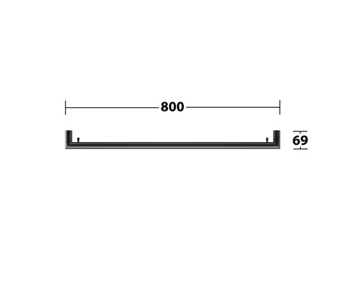 Zeichnung einer schwarzen Hängeschiene mit den Maßen 800 mal 69 Millimeter.