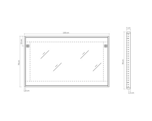 Technische Zeichnung eines Spiegels mit Maßangaben.