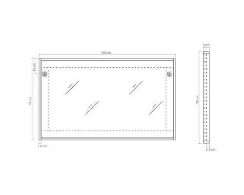 Schéma technique d''un miroir avec dimensions.