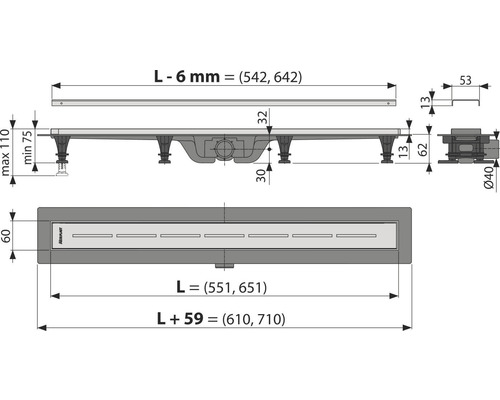 Schéma technique d''un caniveau de douche avec indications de dimensions