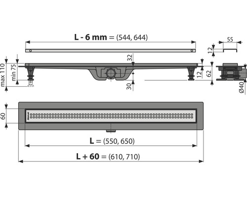 Abmessungen einer Duschrinne