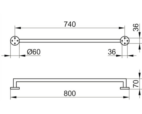Technische Zeichnung einer Handtuchstange mit Maßangaben