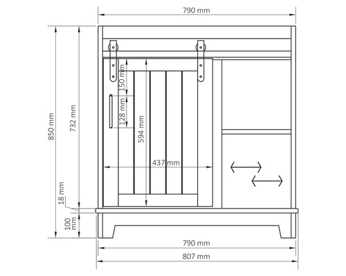 Technische Zeichnung eines Waschtischunterschranks mit Maßangaben