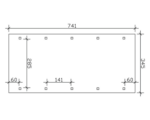 Dessin technique avec dimensions : longueur 741, largeur 345 et hauteur 285.