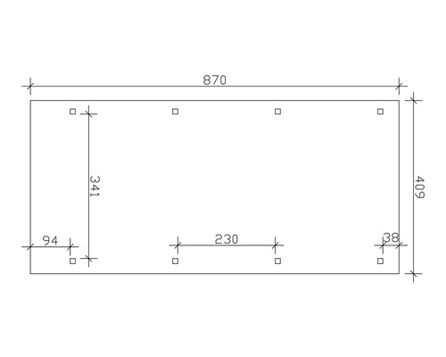 Schéma technique avec dimensions : longueur 870, hauteur 409, distance entre les trous de forage 230 et 341