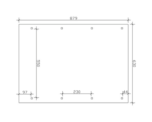 Dessin technique avec cotes pour un élément de meuble, longueur 879 mm, largeur 630 mm