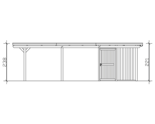 Dessin technique d''un carport en bois avec local de rangement et indications de hauteur