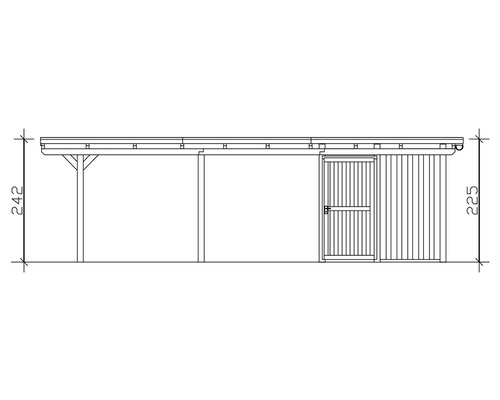 Dessin technique d''un carport avec remise et dimensions de 242 sur 225 centimètres