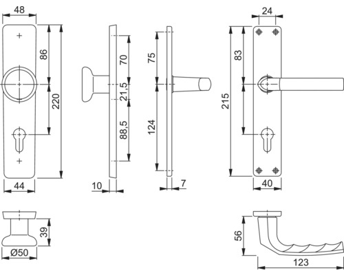 Technische Zeichnung eines Türdrückers mit Maßangaben