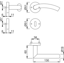 Schéma technique d''une poignée de porte avec indications de taille