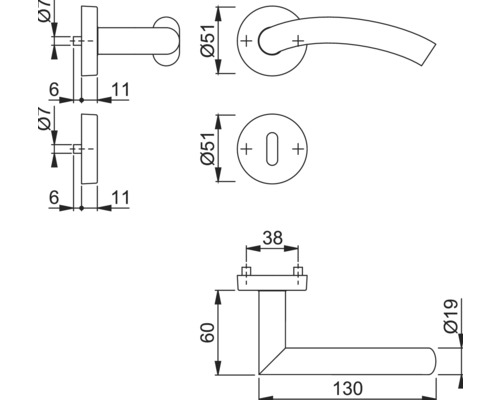 Schéma technique d''une poignée de porte avec indications de taille