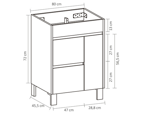 Schéma technique d''un meuble sous-lavabo avec indications de dimensions