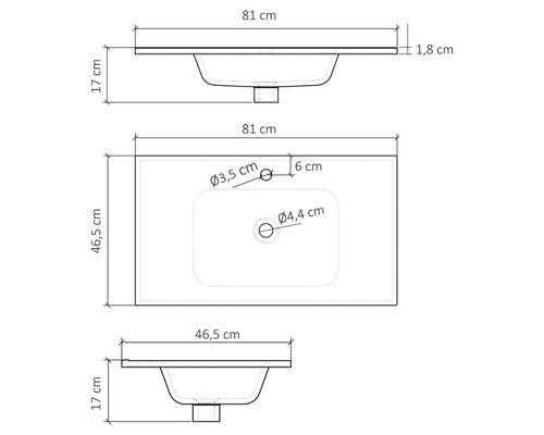 Schéma technique d''un lavabo avec dimensions.