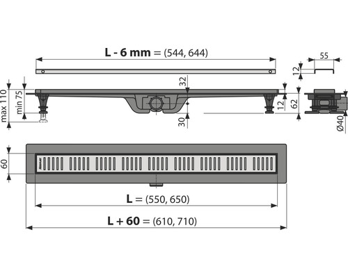 Technische Zeichnung einer Duschrinne mit Maßen.