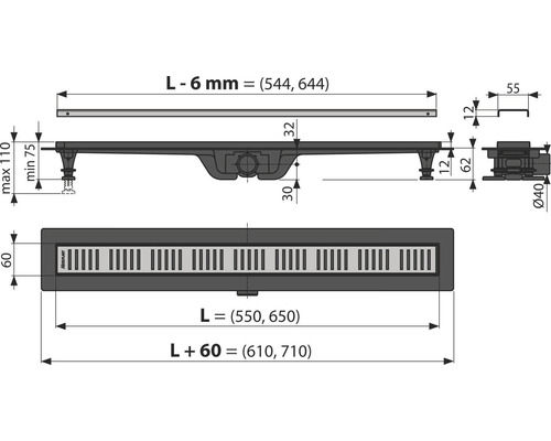Schéma technique d''un caniveau de douche avec dimensions.
