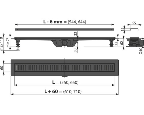 Schéma technique d''un caniveau de douche avec dimensions