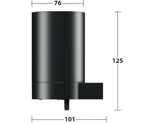 Technische Zeichnung eines schwarzen Spenders mit Maßangaben
