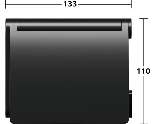 Abbildung der Maße eines Papierrollenhalters: 133 Millimeter breit und 110 Millimeter hoch.