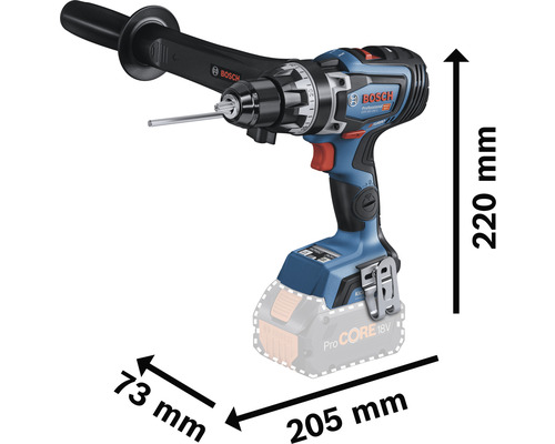 Akku-Bohrschrauber mit Zusatzhandgriff und Maßangaben