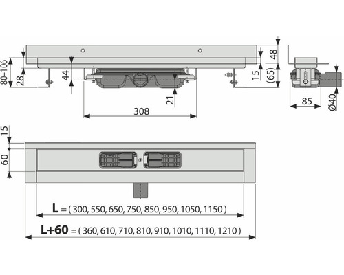 Technische Zeichnung einer Duschrinne mit Maßen.