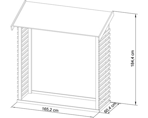 Dessin technique d''un rayonnage en bois avec des dimensions de 184,4 cm de hauteur, 165,2 cm de largeur et 60,4 cm de profondeur