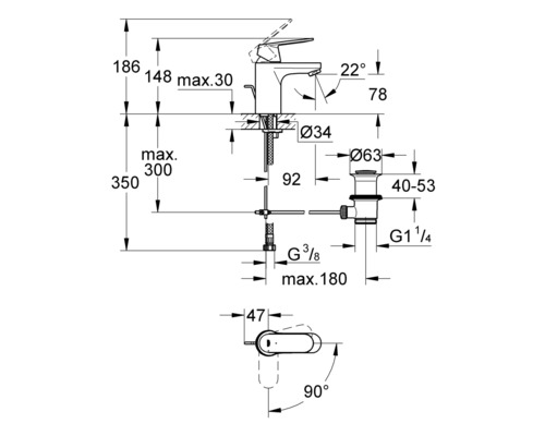 Technische Zeichnung eines Waschtischhahn mit Abmessungen.