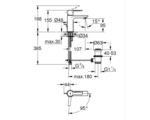 Schéma technique d''un robinet avec indications de mesure