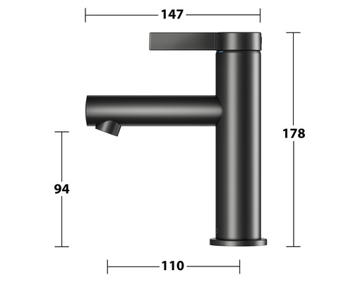 Maßzeichnung einer schwarzen Waschtischarmatur mit den Maßen 147, 178, 94 und 110.