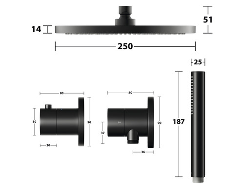 Dimensions d''un ensemble de douche avec douche de tête, douchette à main et robinetterie