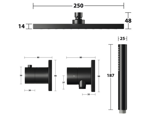 Abmessungen eines Duschsets mit Kopfbrause, Handbrause und Thermostat