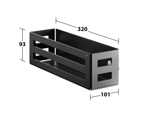 Schwarzer Badregal mit den Maßen 320 x 93 x 101 Millimeter.