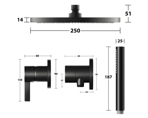 Technische Zeichnung eines Duschsets mit Kopfbrause, Handbrause und Armatur mit Maßangaben